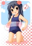 brown_eyes flower hair_flower hair_ornament hibiscus innertube k-on! karaage3 long_hair musical_note nakano_azusa one-piece_swimsuit school_swimsuit sun swimsuit tan twintails young 