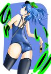  alternate_costume bare_shoulders blue_eyes blue_hair from_behind hat highres kawashiro_nitori ku-ba profile short_hair smile solo swimsuit thigh-highs thighhighs touhou 