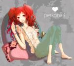  hoe_(dbp) kujikawa_rise persona persona_4 pillow red_hair redhead smile solo suspenders twintails 