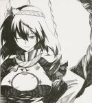  bust hair_ornament jpeg_artifacts kasukazu monochrome short_hair smirk solo touhou wink yasaka_kanako 