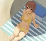  bad_id beach_towel bikini breasts brown_eyes brown_hair cleavage cooler from_above front-tie_top kuroko_(piii) looking_up navel original shade short_hair side-tie_bikini sitting smile solo swimsuit towel yellow_bikini 