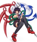  asymmetrical_wings black_hair black_thighhighs breasts houjuu_nue large_breasts miyakouji polearm red_eyes short_hair thigh-highs touhou trident weapon wings zettai_ryouiki 