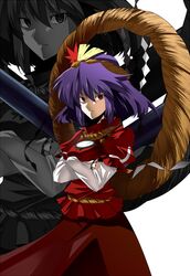 crossed_arms jpeg_artifacts kasukazu onbashira purple_hair red_eyes short_hair skirt solo stare touhou yasaka_kanako zoom_layer