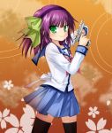  green_eyes gun hairband highres purple_hair school_uniform serafuku shakuya short_hair thighhighs weapon yuri_(angel_beats!) 