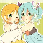  2girls aqua_hair blonde_hair blush colorful_x_melody_(vocaloid) detached_sleeves earmuffs green_eyes hatsune_miku hug kagamine_rin multiple_girls open_mouth project_diva project_diva_2nd short_hair striped striped_background unano vocaloid wink 