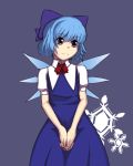  bad_id blue_hair cirno folded_hands hair_bow hands_clasped nosuku short_hair simple_background snowflakes solo touhou wings 