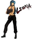  belt black_gloves blue_hair boots breasts cleavage earrings gloves highres jewelry king_of_fighters large_breasts leona_heidern long_hair midriff navel pants red_eyes snk solo steward_b 