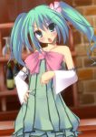  aqua_eyes aqua_hair bad_id bare_shoulders blush bow colorful_x_melody_(vocaloid) detached_sleeves dress ebiebiebio flower frown hair_flower hair_ornament hand_on_hip hatsune_miku head_tilt large_bow looking_at_viewer open_mouth project_diva project_diva_2nd solo strapless_dress twintails vocaloid 