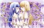  2girls blonde_hair blue_hair branch closed_eyes eyelashes flower fujino_shizuru holding_hands kuga_natsuki multiple_girls murasakiko my-hime nude profile traditional_media 
