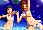  amami_haruka arm_up armpits ball black_eyes blue_hair breasts brown_hair cloud clouds face flat_chest foreshortening green_eyes idolmaster jewelry kisaragi_chihaya long_hair looking_back multiple_girls navel open_mouth outstretched_arm outstretched_hand pendant pettan_p short_hair sky splash swimsuit wading water white_swimsuit 