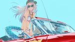  1girl baseball_cap bikini car character_request hair_between_eyes hat jewelry long_hair monq motor_vehicle necklace pink_hair sitting stuffed_animal stuffed_toy sunglasses swim_ring swimsuit teddy_bear vehicle white_bikini white_swimsuit 