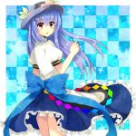  ass bad_id blue_hair bow brown_eyes checkered checkered_background hat hinanawi_tenshi kanzaki_maguro large_bow long_hair looking_back maguro_(gulen-x) puffy_sleeves solo touhou 