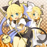  aina_(artist) bad_id bisuko_(bisco_mm) blonde_hair brother_and_sister cat_ears cat_tail kagamine_len kagamine_rin navel short_ponytail shorts siblings tail tongue twins vocaloid wink 