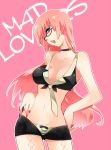  bad_id beniko blue_eyes breasts cleavage glasses hot_pants long_hair mad_lovers_(vocaloid) megurine_luka midriff navel necktie necltie open_mouth pink_hair short_shorts shorts solo vocaloid 