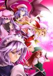  blonde_hair blue_hair book chinese_clothes crescent crescent_moon fang fingerless_gloves flandre_scarlet full_moon gloves green_eyes hat highres hong_meiling i-la izayoi_sakuya long_hair maid_headdress moon patchouli_knowledge purple_eyes purple_hair red_eyes red_hair redhead remilia_scarlet short_hair silver_hair touhou twintails violet_eyes wings 