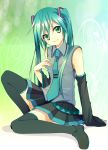  arm_support bad_id detached_sleeves green_eyes green_hair hatsune_miku highres isk long_hair necktie sitting skirt solo thigh-highs thighhighs twintails vocaloid 