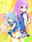  2girls aina_(artist) blue_eyes bottle hair_over_one_eye inazuma_eleven kazemaru_ichirouta kudou_fuyuka long_hair multiple_girls purple_eyes purple_hair red_eyes star towel trap violet_eyes 