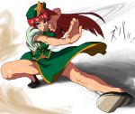  braid china_dress chinese_clothes fighting_stance hat hong_meiling lanoir_(pixiv) long_hair red_hair redhead stance touhou twin_braids 