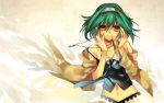  brown_eyes coat green_hair gumi hairband hands_on_face midriff navel necklace necktie short_hair vocaloid 