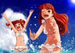  :d arms_up brown_eyes brown_hair cloud clouds face foreshortening green_eyes idolmaster idolmaster_2 long_hair minase_iori multiple_girls navel open_mouth outstretched_arm outstretched_arms outstretched_hand pettan_p sky smile splash swimsuit takatsuki_yayoi twintails wading water wink 