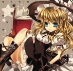 alternate_costume blonde_hair blue_eyes book boots braid cross-laced_footwear gloves hat kirisame_marisa lace lace-up_boots mayo_(miyusa) neck_ribbon ribbon sitting smile solo star touhou witch_hat 