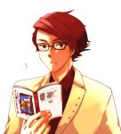  book formal glasses male manga manga_(object) necktie nerd nobicco reading red_hair short_hair solo suit umineko_no_naku_koro_ni ushiromiya_battler 
