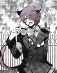  animal_ears boris_airay cat_ears cat_tail cheshire_cat coat cosplay gate glasses happy heart_no_kuni_no_alice licking necktie peter_white peter_white_(cosplay) purple_hair smile solo tail tongue 