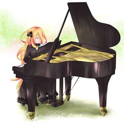  blonde_hair closed_eyes grand_piano hair_ornament hair_over_one_eye instrument long_hair piano piano_bench pokemon pokemon_(game) pokemon_dppt shirona_(pokemon) sitting smile solo ugi_(waver) 