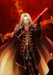  alucard belt cape castlevania castlevania:_symphony_of_the_night chain cravat cross fire gloves highres long_hair male silver_hair solo sword tetra_(pixiv) tetra_takamine weapon 