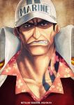  angry black_hair cap floral_shirt flower hat kei-suwabe male marine one_piece sakazuki_(akainu) scowl short_hair solo tattoo teeth 