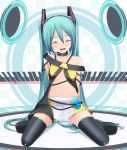  aqua_hair closed_eyes collar cosplay eto hatsune_miku headset kneeling lily_(vocaloid) lily_(vocaloid)_(cosplay) long_hair navel skirt smile solo thigh-highs thighhighs twintails very_long_hair vocaloid zettai_ryouiki 