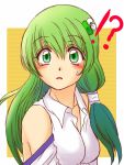  1girl alternate_hairstyle asymmetrical_hair bare_shoulders blush bust creamy_mamiwo face frog green_eyes green_hair hair_ornament kochiya_sanae long_hair side_ponytail simple_background solo surprised sweatdrop touhou wide-eyed wink 