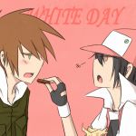  bad_id baseball_cap black_hair blush brown_hair chocolate colored_eyelashes fingerless_gloves gloves green_eyes hat jacket lastiny male multiple_boys ookido_green ookido_green_(hgss) open_mouth pokemon pokemon_(game) pokemon_gsc popped_collar red_(pokemon) red_(pokemon)_(classic) red_eyes short_hair spiky_hair white_day yaoi 