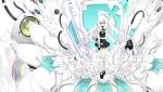  cable computer dress flower gloves highres kneehighs long_hair machine original platform_footwear silver_eyes solo standing surreal very_long_hair vocaloid white_hair white_legwear yume_koreshiki 