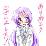  bespectacled blue_eyes blush frown glasses hiiragi_kagami long_hair low_twintails lucky_star necktie purple_hair simple_background takeya_yuuki translated tsurime twintails 