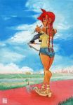  bare_shoulders braid breasts cloud clouds landscape large_breasts manuke0726 muscle red_eyes red_hair redhead sketching solo standing thick_thighs thighs twin_braids 