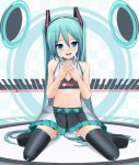  aqua_eyes aqua_hair eto hatsune_miku headset kneeling long_hair midriff navel project_diva race_queen racequeen skirt smile solo thigh-highs thighhighs twintails very_long_hair vocaloid zettai_ryouiki 