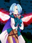  1girl armor blue_eyes blue_hair cape gloves grandia grandia_i hair_over_one_eye hands_together highres illpaulownia leen long_sleeves puffy_long_sleeves puffy_sleeves short_hair spoilers wings 