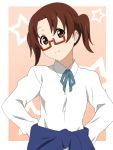  brown_eyes brown_hair chika_(k-on!) extra face glasses ikari_manatsu k-on! nodoka_glasses nojima_chika red-framed_glasses school_uniform semi-rimless_glasses twintails under-rim_glasses 