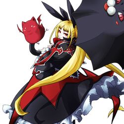  :p bangs bat blazblue blonde_hair blunt_bangs blush_stickers capelet cat cross flying frills from_behind gii gothic hair_ribbon katou_yuuki long_hair looking_back nago o_o official_art parasol rachel_alucard red_eyes red_skin ribbon skirt standing tongue transparent_background twintails umbrella vampire very_long_hair 