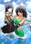  black_hair blue_eyes boat breasts cleavage cloud clouds collarbone giantess ious914 long_hair miniboy open_mouth short_hair skirt tank_top water wavy_hair wet 