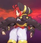  armor ass fingerless_gloves gauntlets gloves hat looking_back lux_dioskouroi pointy_ears red_eyes red_hair redhead shinrabanshou solo 
