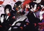  absurdres black_hair blue_eyes ciel_phantomhive claude_faustus eyepatch flower glasses gloves green_eyes grell_sutcliff hat highres kuroshitsuji long_hair multiple_boys necktie official_art petals red_eyes red_hair red_rose redhead rose rose_petals scan sebastian_michaelis short_hair yellow_eyes 