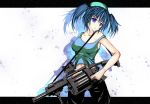  aqua_eyes aqua_hair blue_hair breasts cleavage grenade_launcher gun hat kawashiro_nitori letterboxed midriff milkor_mgl navel off_shoulder outside_of_border purple_eyes sling solo takiteru tank_top touhou vertical_foregrip weapon 