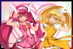  2girls \m/ bike_shorts blonde_hair bowtie brooch choker cure_happy cure_peace dress hands_together head_wings heart hoshizora_miyuki jewelry kise_yayoi long_hair magical_girl multiple_girls pink_dress pink_eyes pink_hair precure shorts_under_skirt sin_(moemaru) skirt smile smile_precure! tiara twintails wrist_cuffs yellow_dress yellow_eyes 