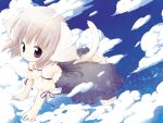  animal_ears arm_support bare_shoulders blush cat_ears cat_tail cloud dress grey_hair hands jpeg_artifacts kotohisa_kao loli looking_at_viewer original short_hair sky smile solo tail violet_eyes wallpaper 