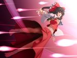  1girl armpits black_hair bow breasts danmaku detached_sleeves from_below hair_bow hakurei_reimu kentairui legs long_hair magic midriff navel no_bra ofuda ponytail red_eyes sideboob solo tabi touhou upskirt 