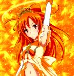  1girl arm_up arm_warmers armpits bow brooch cure_sunny dress eatosu fiery_background fire hino_akane jewelry long_hair magical_girl orange_(color) orange_hair precure princess_form_(smile_precure!) red_eyes ribbon smile_precure! solo tiara 