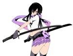  belt black_hair daive eyepatch gloves headphones katana long_hair original plaid plaid_skirt purple_eyes scarf skirt solo sword thigh-highs thighhighs violet_eyes weapon white 