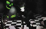  black_rock_shooter bow dead_master green_eyes horns scythe skull weapon 